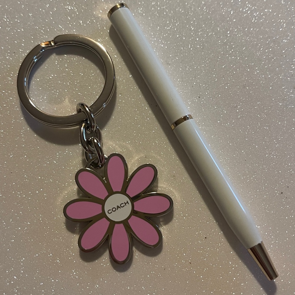 Coach Pink Floral Keychain and White Coach Pen Set